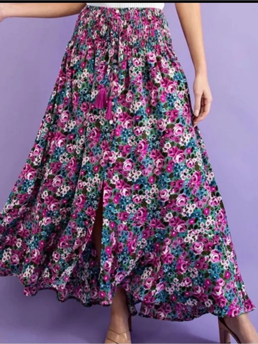 Plus Size Floral Pink Maxi Skirt with Front Slit